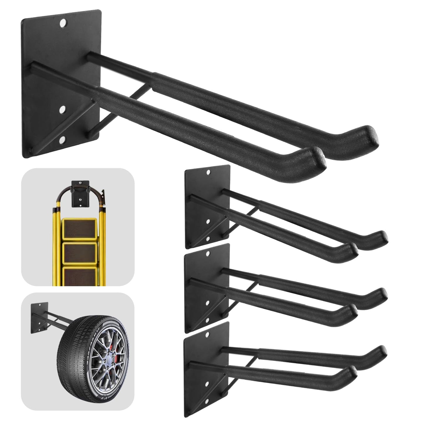 FancyEagle 14" Large Heavy Duty Garage Hooks, 4-Pack Steel Garage Storage Hooks with Support Rods, Utility Wall Mount Hangers for Power Tools, Car Tires, Ladders, Chairs, Garden Tools and More
