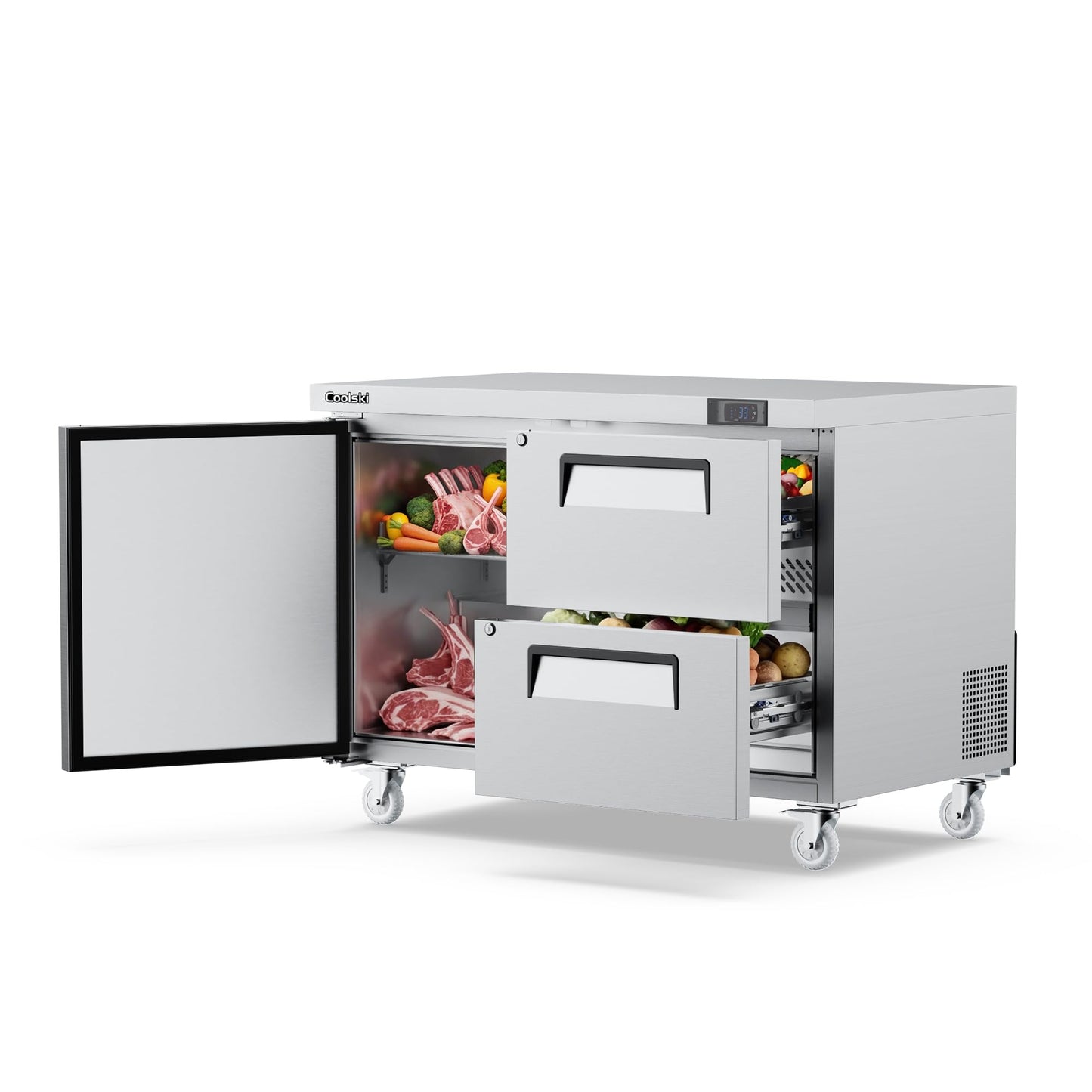 Coolski 48" W Commercial Undercounter Refrigerator with Drawer/Door Combo, 12.1 Cu.ft. Freestanding Stainless Steel with 4 Pans, 2 Drawers Under Counter Worktop Fridge for Restaurant, Bar, Kitchen Use