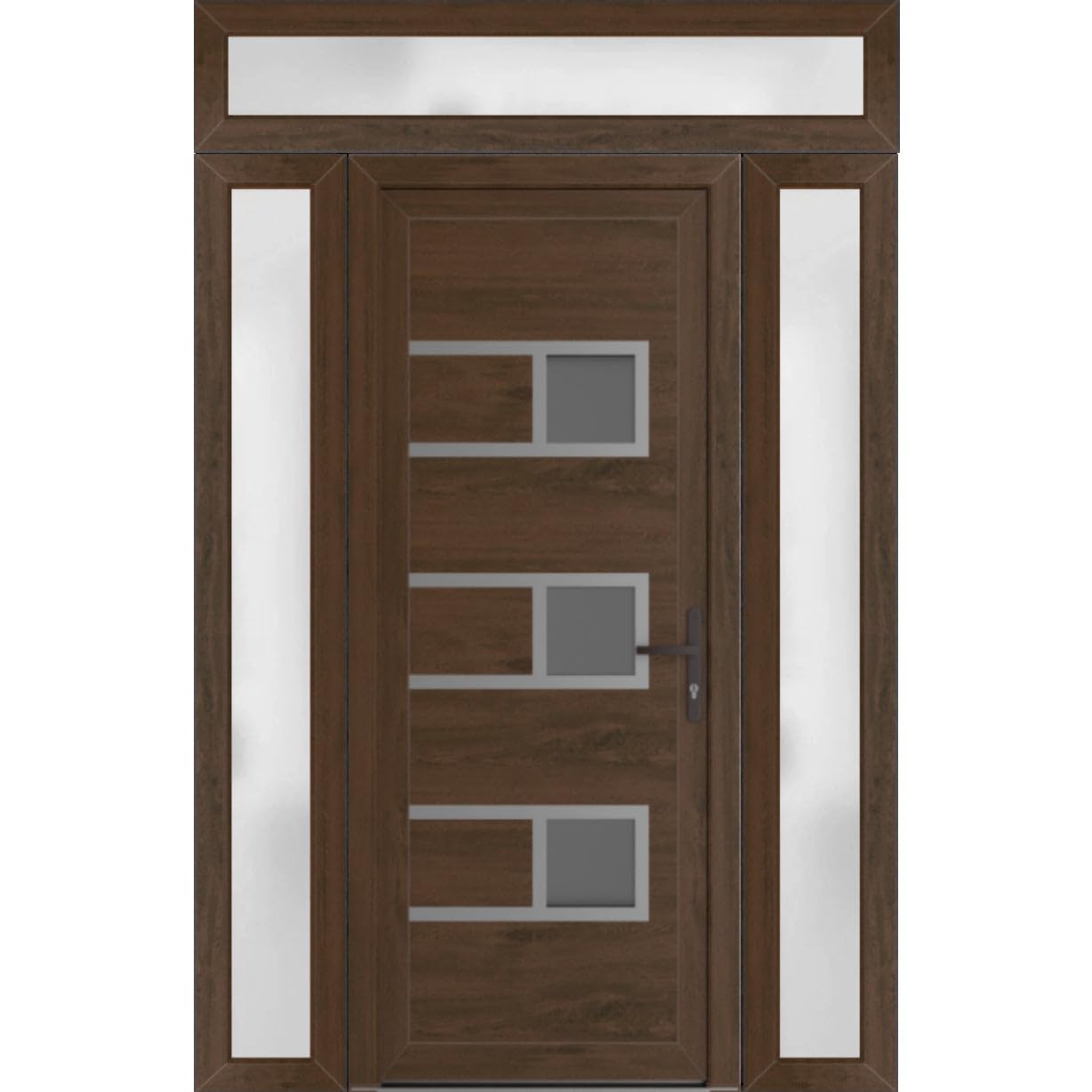 VDOMDOORS Front Exterior Prehung Metal-Plastic Door Frosted Glass | Manux 8933 Walnut | 2 Side, Top Sidelite Transom | Residential Doors Entrance Patio Garage 58 x 94 (W14+30+14 x H80+14)Left-Inswing