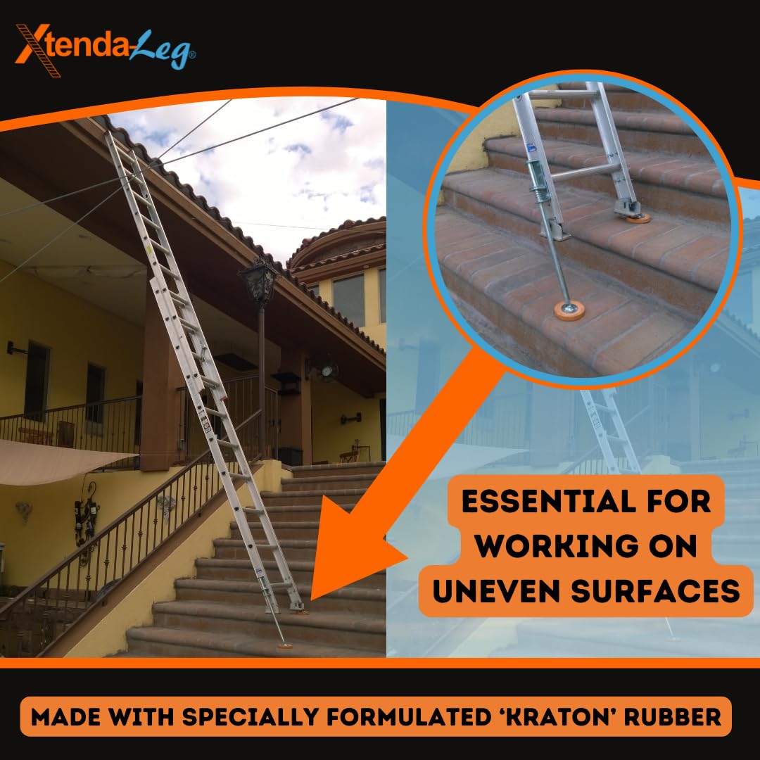 Xtenda-Leg® Ladder Leveler - Rubber Feet, Perfect for Extension Ladders, Stabilizer Attachments for Safe Use - Stable Platform for Uneven Ground - Easy Installation - OSHA Approved - 1 Pair