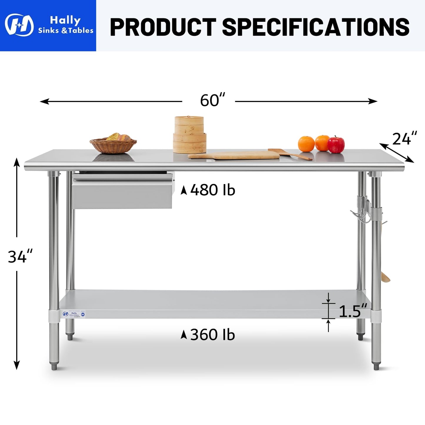 Hally 24 x 60 Inch Stainless Steel Prep Table, NSF Certified Commercial Kitchen Work Table with Drawer, Removable Stainless Steel Pan, Undershelf and Removable Hook for Restaurant Home Garage
