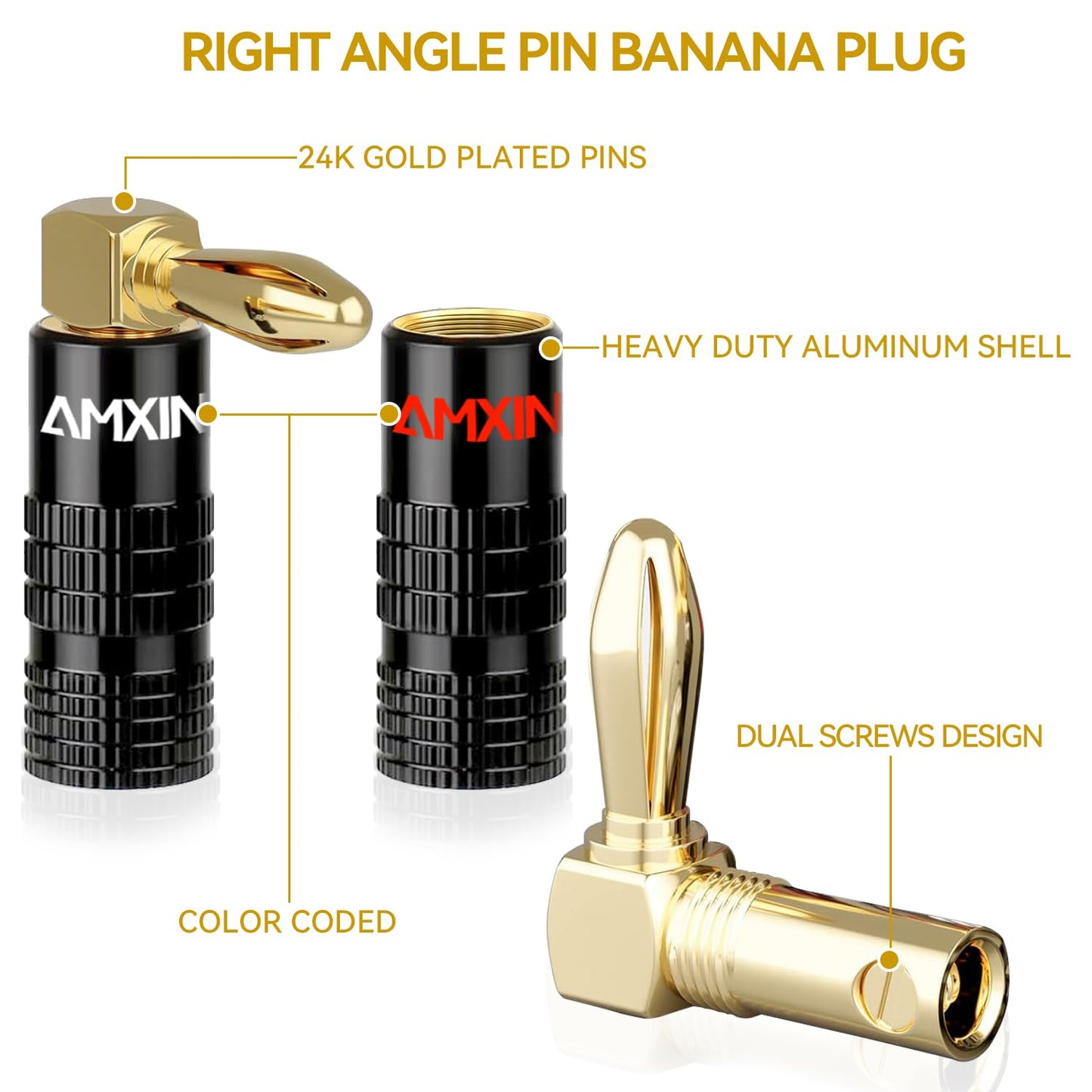 Amxinwang (8 16 24K Right Angle Banana Plugs Pairs, Pieces), Closed Screw Gold Plated Speaker Connectors for Speaker