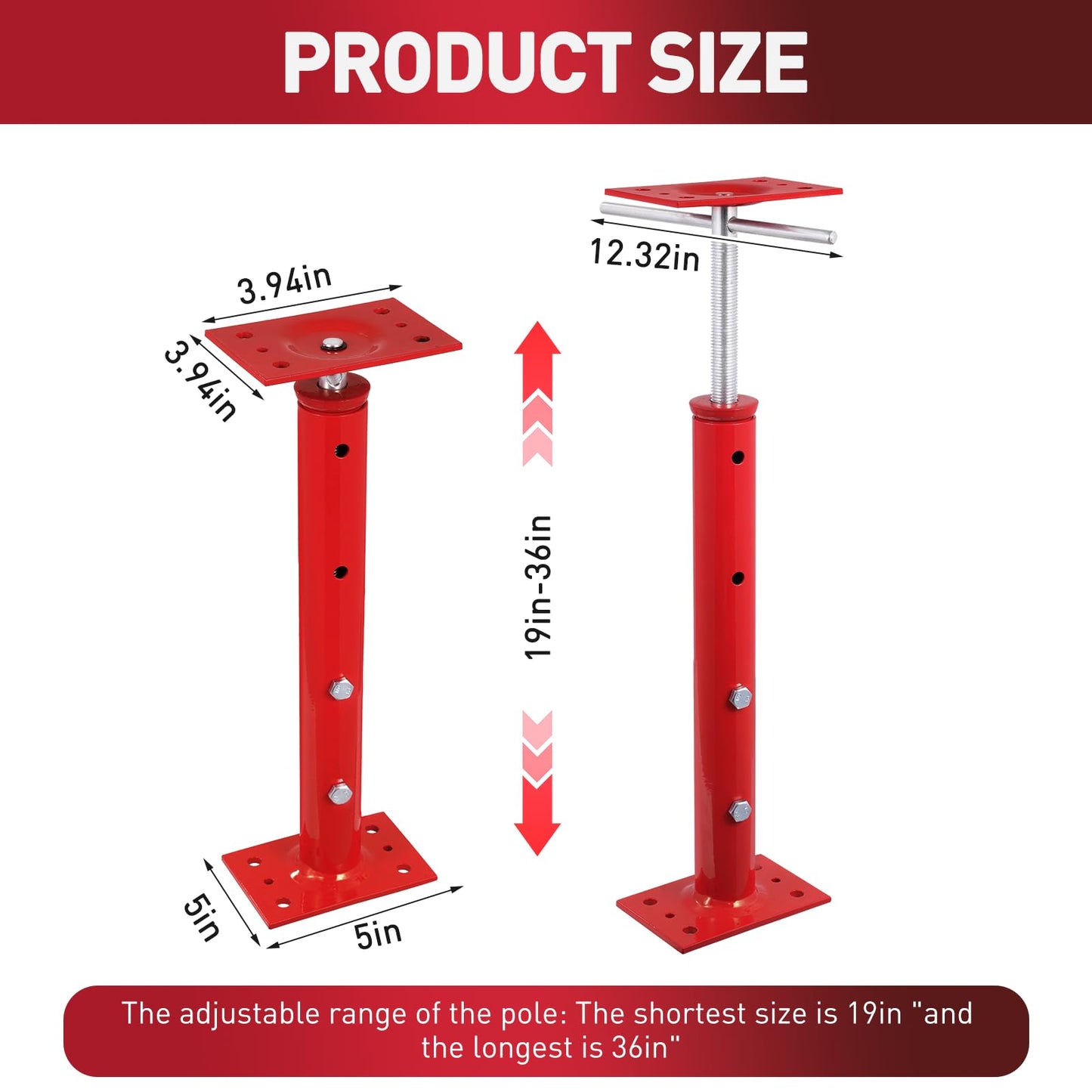 Hocamel 4 Pack House Jacks for Leveling 19''-36''Adjustable Support Jack,17636LBS Max Capacity Each Screw Pole Jack,for Temporary Support for Leveling-Red