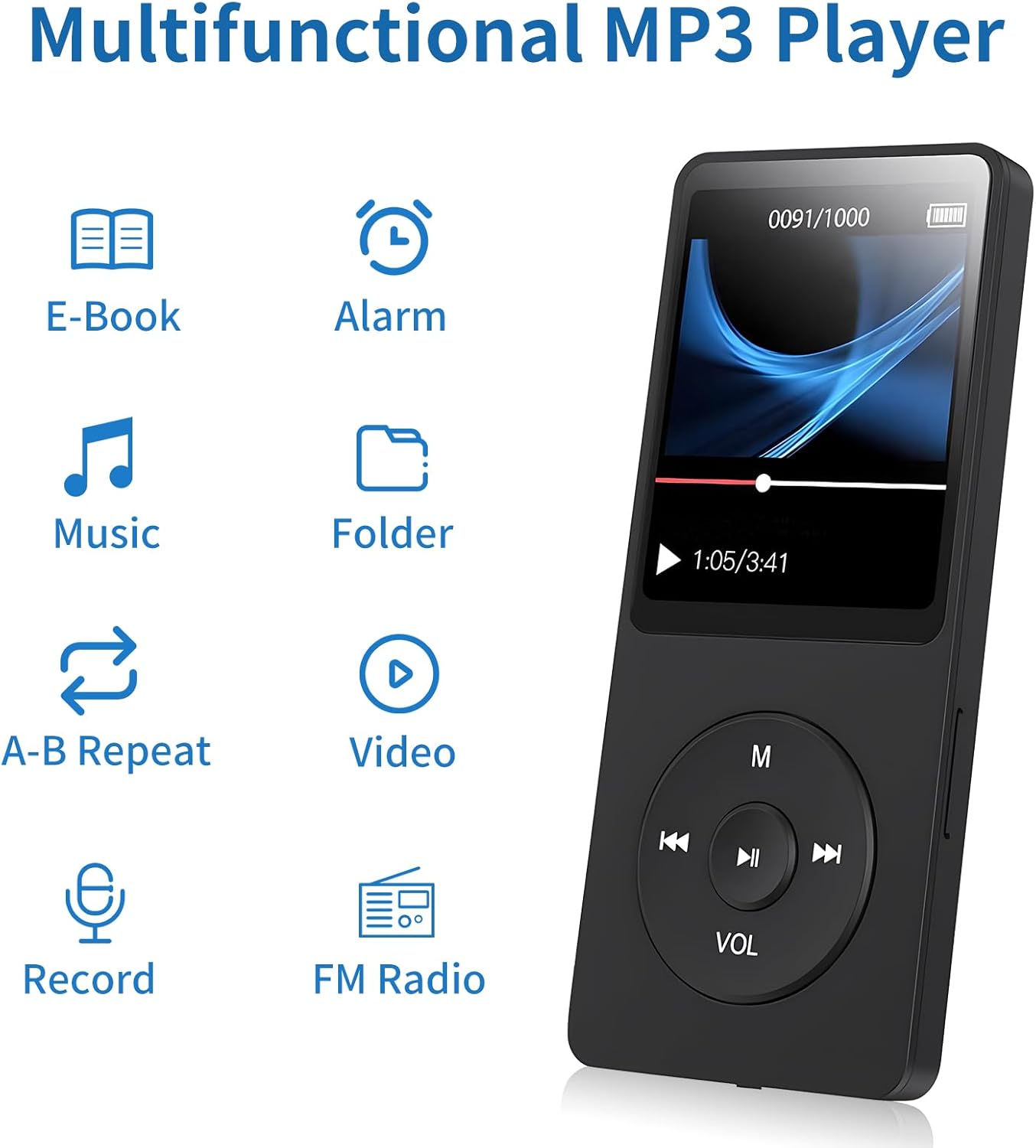 VR-robot MP3 32GB 128GB Player, Music Player with Micro SD Card, Earphone,Build-in Speaker/Photo/Video Play/FM
