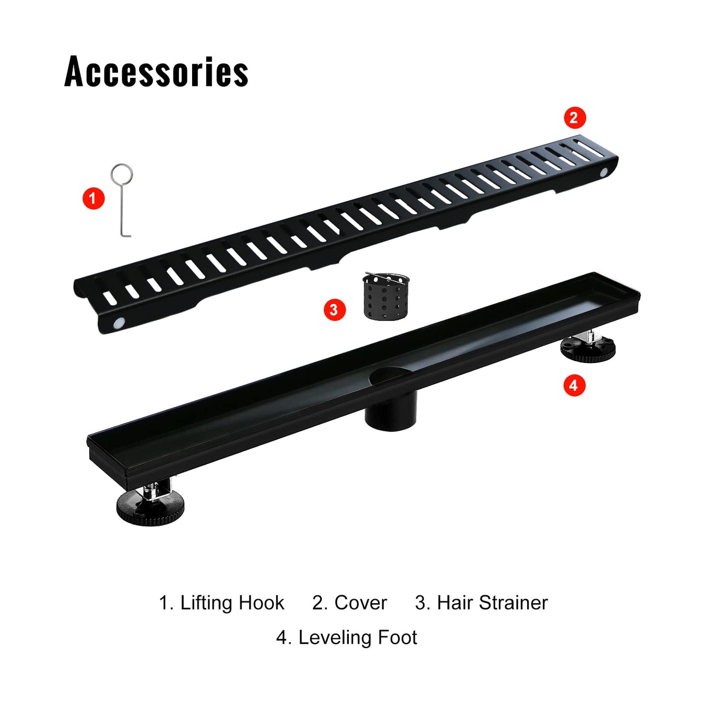 SaniteModar Linear Shower Drain 60 inch Matte Black with Removable Capsule Pattern Grate,Brushed 304 Stainless Steel Shower Drain Include Hair Strainer,Adjustable Leveling Feet