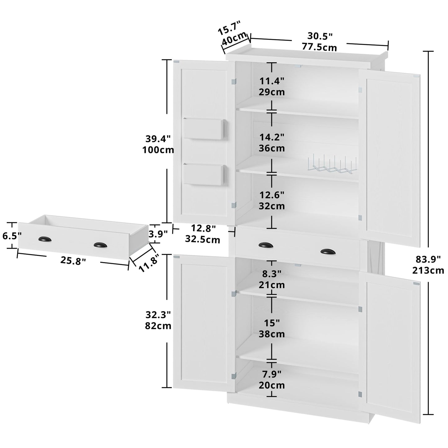 IRONCK Kitchen Pantry Storage Cabinet 83.9" H, with Barn Doors, Drawer, 4 Adjustable Shelves, Freestanding Cupboard for Dining Room Living Room, Laundry, White