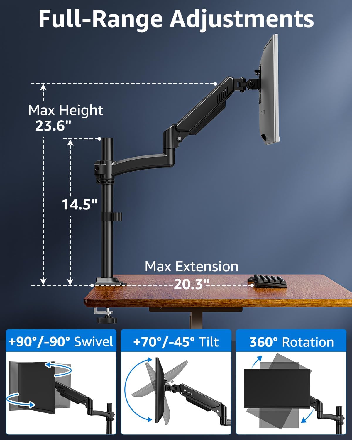 MOUNTUP 4.4-22lbs, 32 27 24 22inch, C-ClampGrommet Single Monitor Arm Holds Monitor Stand for Desk, Height Adjustable
