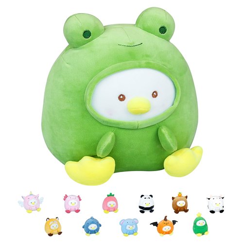 MOIEMIAS Original Adorkable Duck Plush Toy Pillow 9.25″ Cute Frog Stuffed Animal Soft Fluffy Squishy Plushie with Frog Outfit Gift for Kids Bedroom Home Holiday Decoration Pillow Green