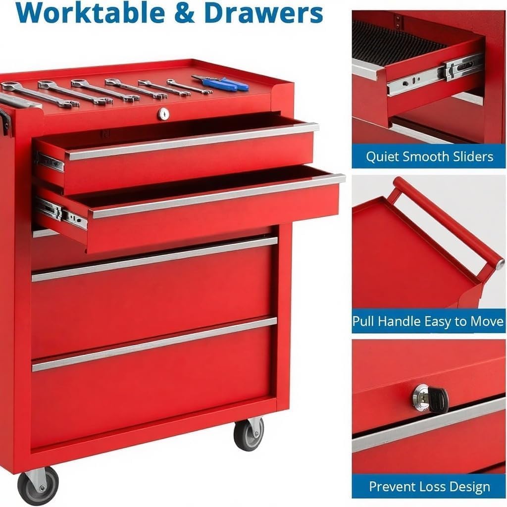 ExploreHorizon 5-Drawer Tool Chest Cabinet with Wheels, Rolling Metal Tool Cart with Sliding Drawers and Protective Liner,Keyed Locking System for Garage,Workshop,Repair Shop,Red