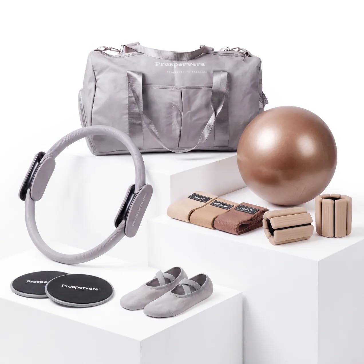 Prospervere Premium Pro Pilates Kit – 15 inch Pilates Ring and Ball Set w/ 1lb Ankle Weights, Fabric Resistance Bands, Sliders, Yoga Socks & Gym Bag – Mocha Drive (Brown/Gray)
