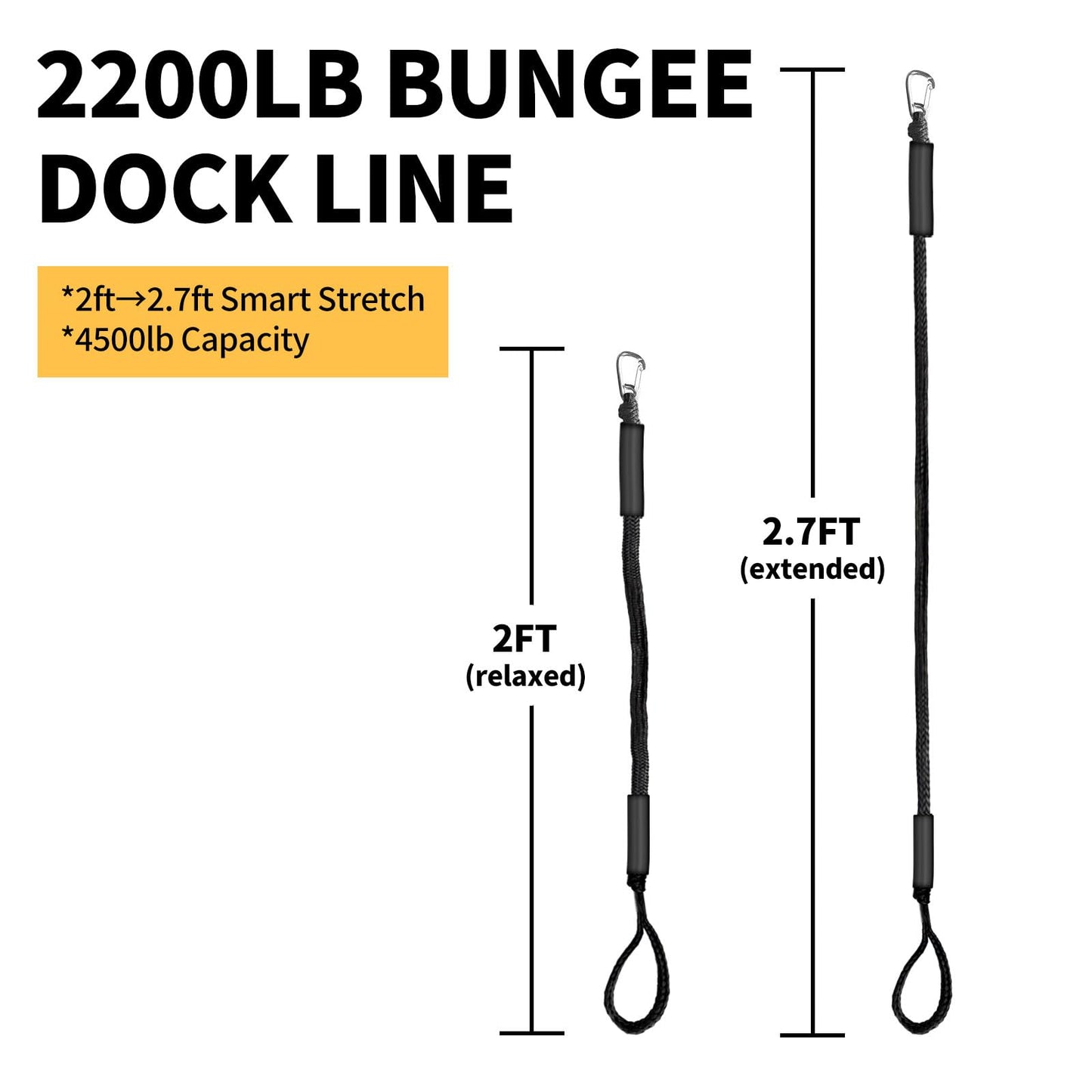 ZRSCHYG Bungee Dock Lines for Boats 2FT, Boat Tie Downs for Dock with Hooks, Elastic Dock Ties for Small Boat Jet Ski Kayak Mooring (2 Foot, 2-Pack, Black)