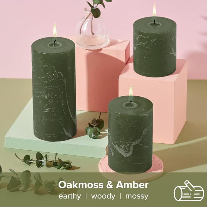 Simply Soson 3x6 inch Dark Moss Green Rustic Oakmoss Pillar Scented Candle - 3 Pack - for Home Decor, Aromatherapy, Weddings, Restaurants, Spa,