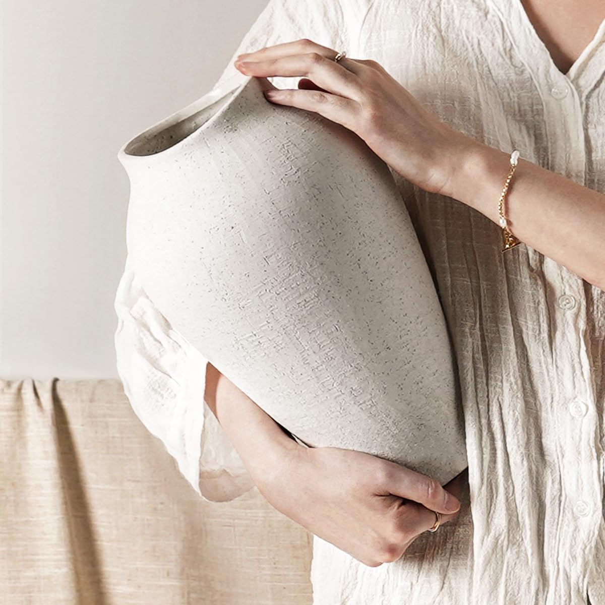White Ceramic Vase - Large 11.8 Inch Tall Floor Vase for Centerpieces, Farmhouse Flower Vases, Rustic Minimalist Home Decor for Living Room, Enterway, Wedding (Sandstone White)