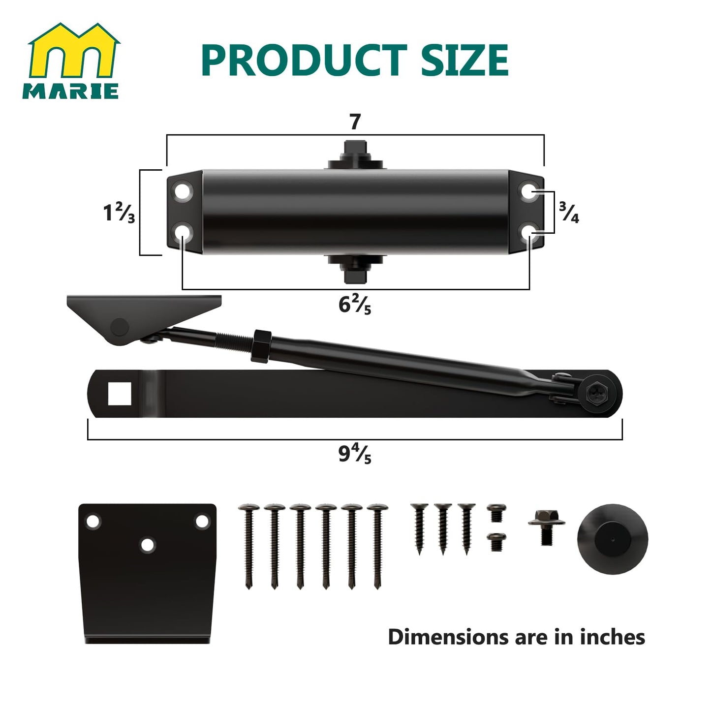 Marie Door Closer for Residential and Commercial Doors,Size 3 Adjustable Automatic Door Closer for Home Use (Black)