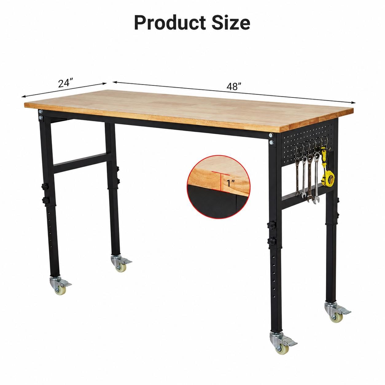 48" Height Adjustable Workbench, 2000 LBS Load Capacity Rubber Wood Top, Heavy Duty Workstation with Wheels, Hardwood Work Table for Garage Workshop Home Repair