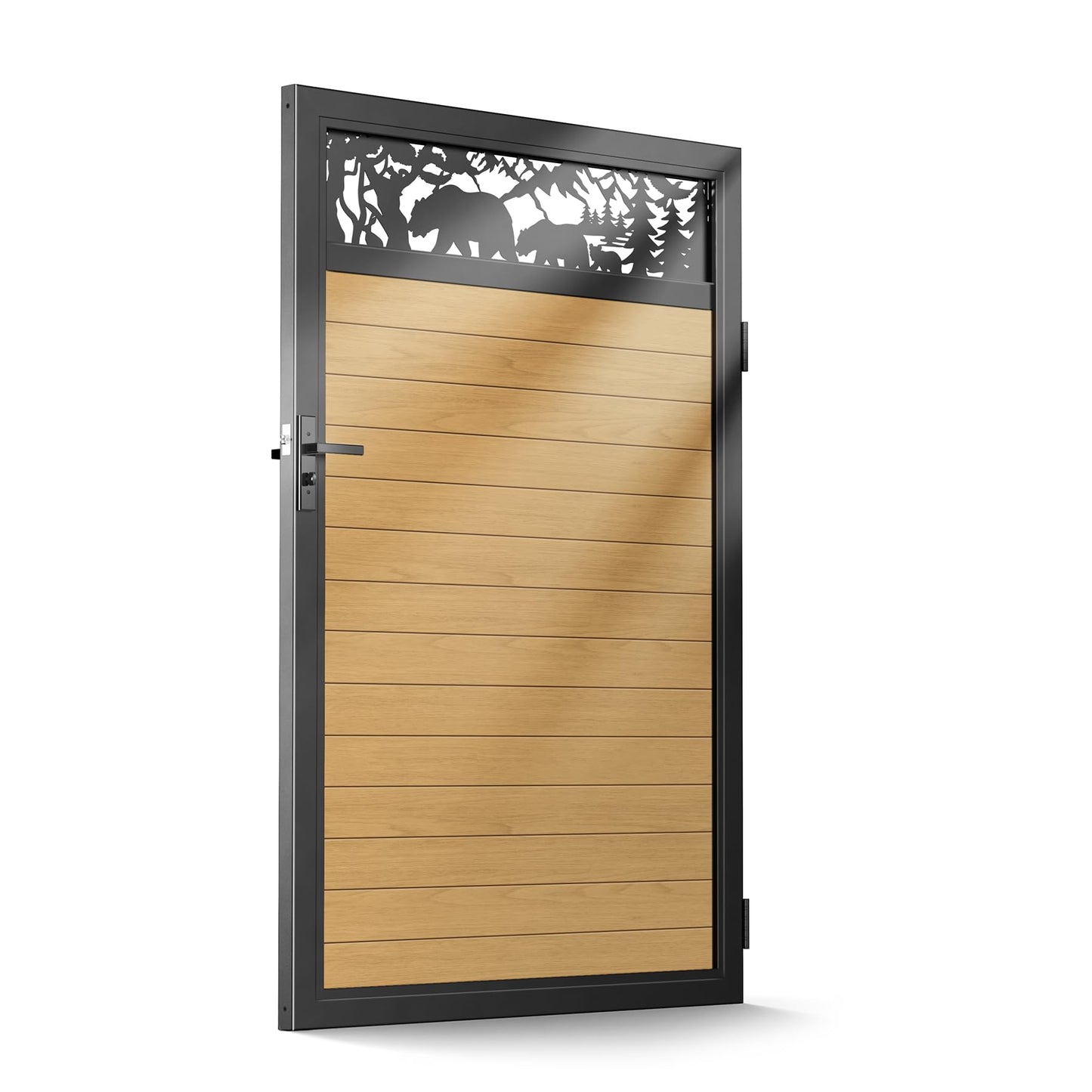 Brukid 4x6 FT Aluminum Fence Gate Kit Wood Grain Aluminum Gate with Decorative Cutout, Lock & Hinges, Left/Right Opening, Weather Resistant for Yard Garden Patio