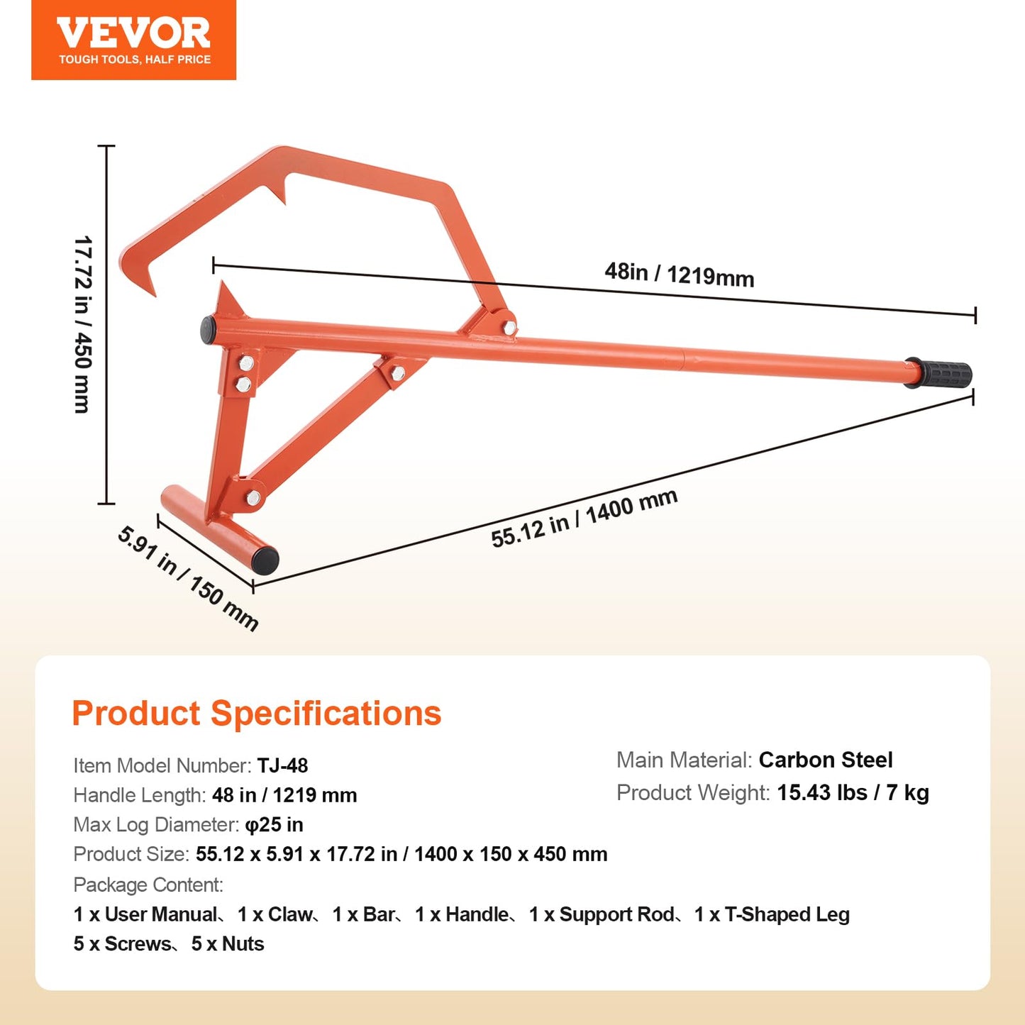 VEVOR 48" Timberjack Log Lifter, Adjustable Heavy Duty Log Roller Cant Hook, Log Jack with Rubber Grip & Triangular Support, Log Cant Hook Logging Tools for Rolling and Lifting Logs up to 25" Dia