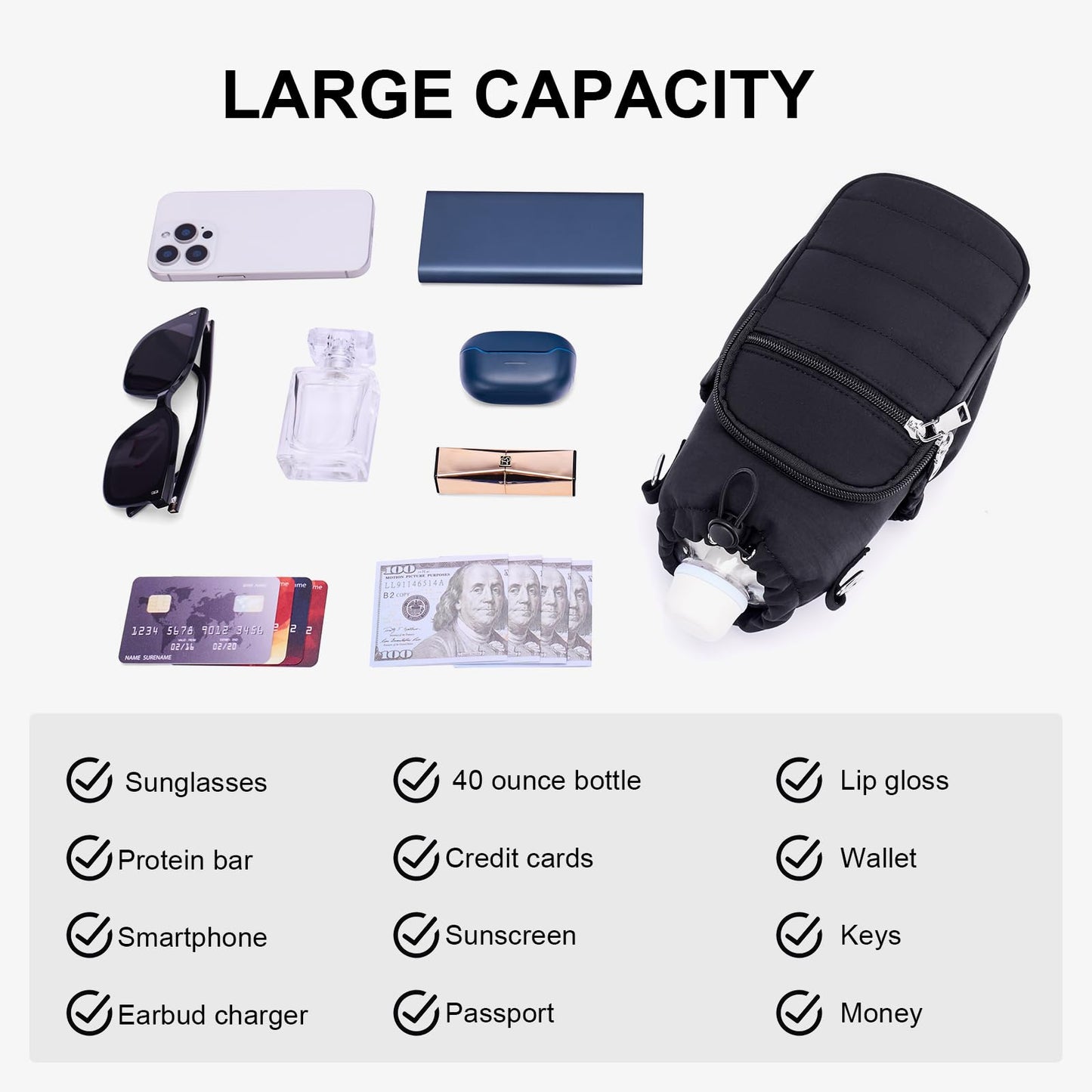 Lexiyat Water Bottle Bag 40 oz Crossbody Water Bottle Holder for Walking Hiking Insulated Compartment Carrier Purse with Adjustable Strap Black