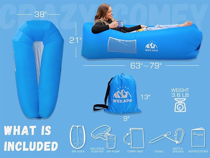 WEKAPO Inflatable Couch with Pump - Easiest Setup, Crazy Comfy & Ultralight - Blow up Lounger Chair Perfect for Hiking, Camping, Beach, Festivals - Lightweight Air Sofa for Relaxing Anywhere