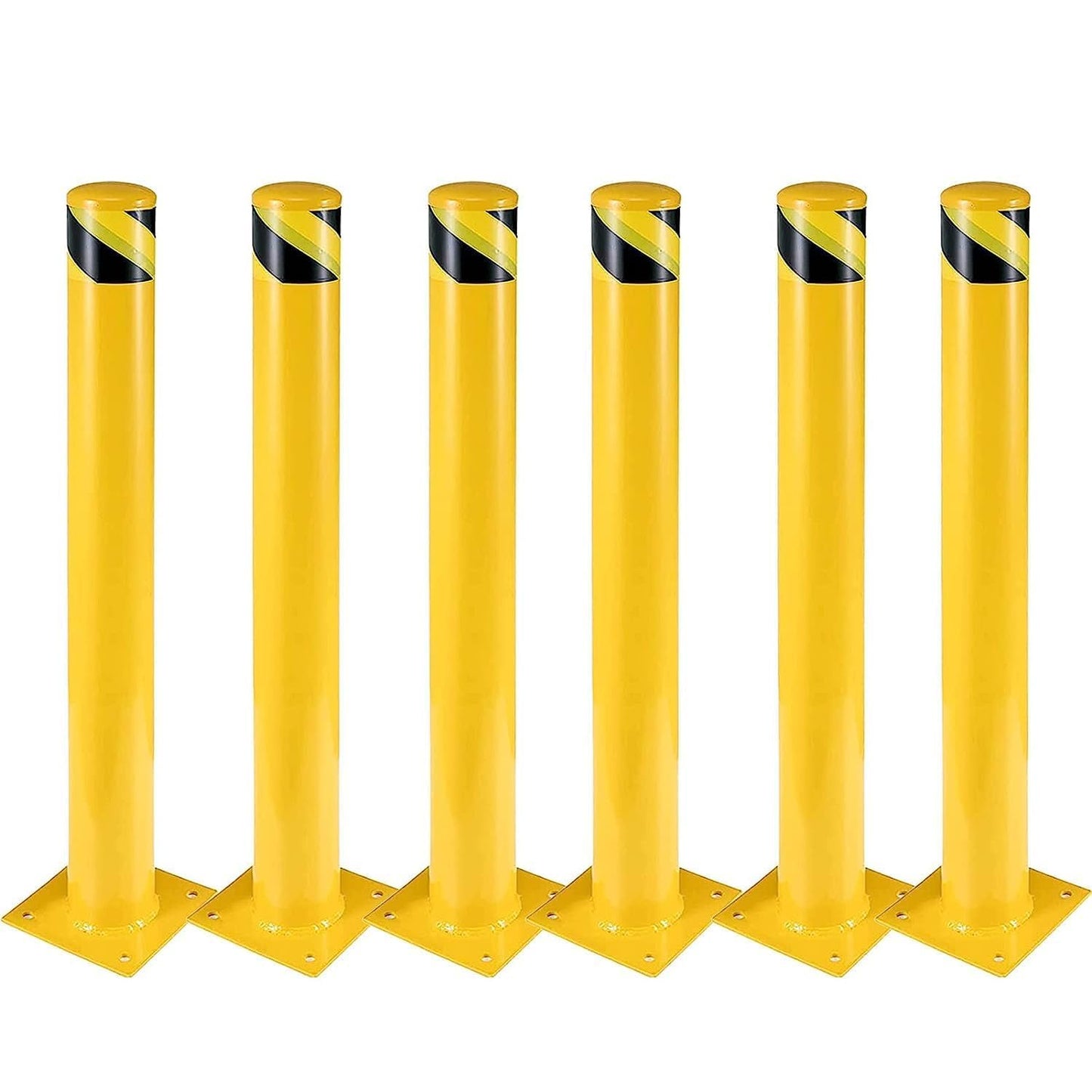 6-Pack 48 Inch Steel Safety Bollards, 4.5 Inch Diameter Parking Bollard Post with 24 Anchor Bolts, Yellow Safety Steel Bollard Post for Driveway Barrier, Traffic Control & Storefront Protection
