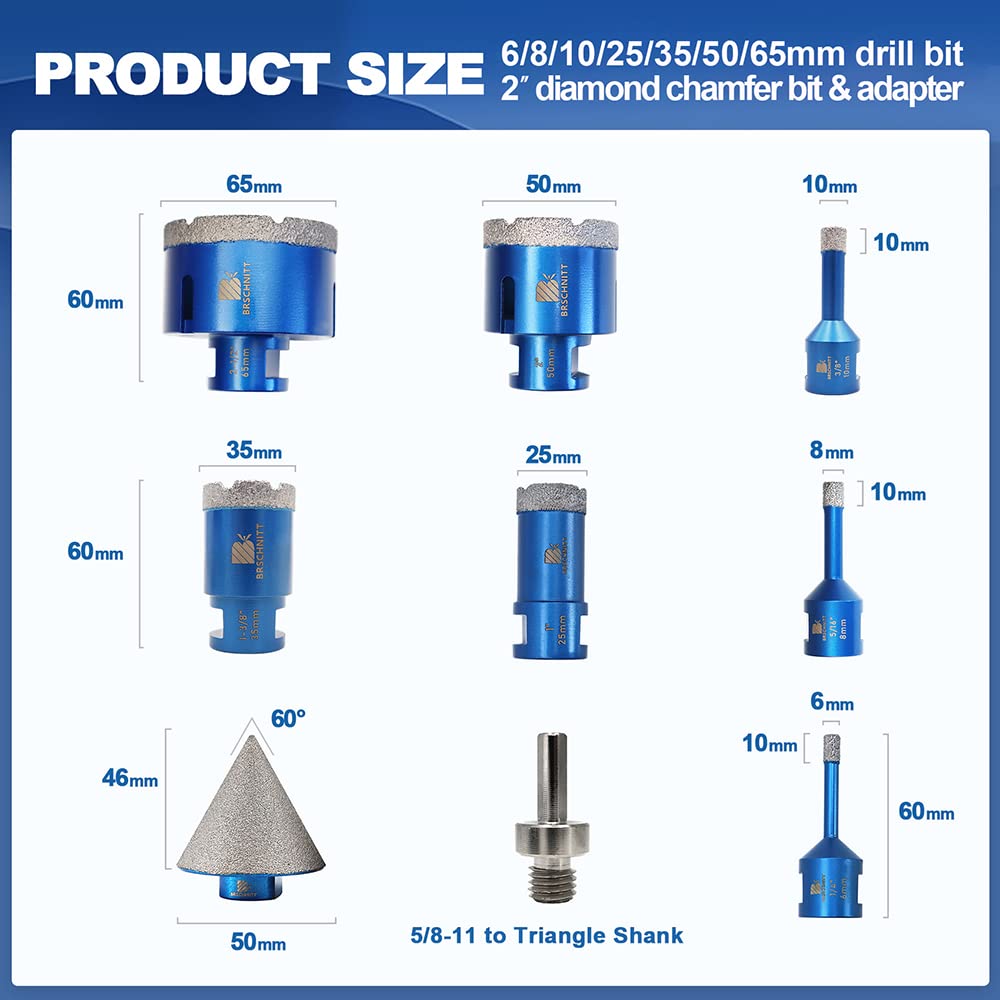 Diamond Core Drill Bit Set - BRSCHNITT 1/4" 5/16" 3/8" 1" 1-3/8" 2" 2-1/2" 4-5/16 Diamond Hole Saw Kit for Drilling Porcelain Tile Ceramic Marble Granite,2" Diamond Chamfer Bit