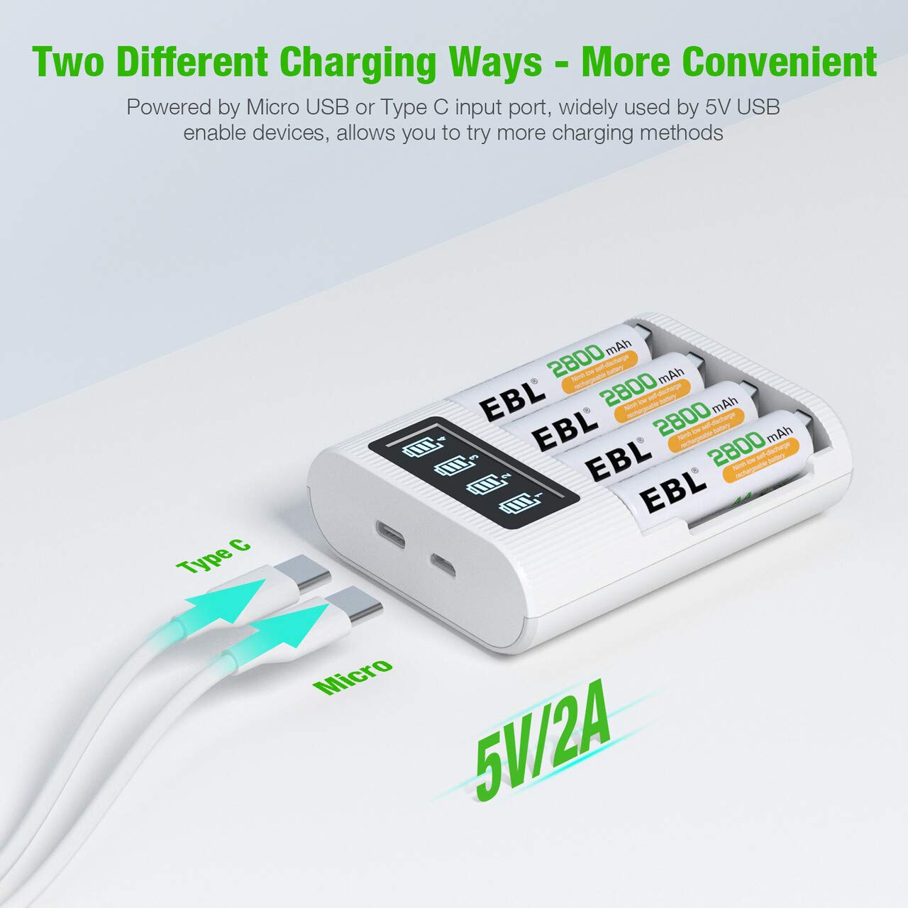EBL 4 2 LCD Battery Charger AA AAA Rechargeable Battery Charger - Bay Smart LCD Charger with USB Input Port for Ni-CD