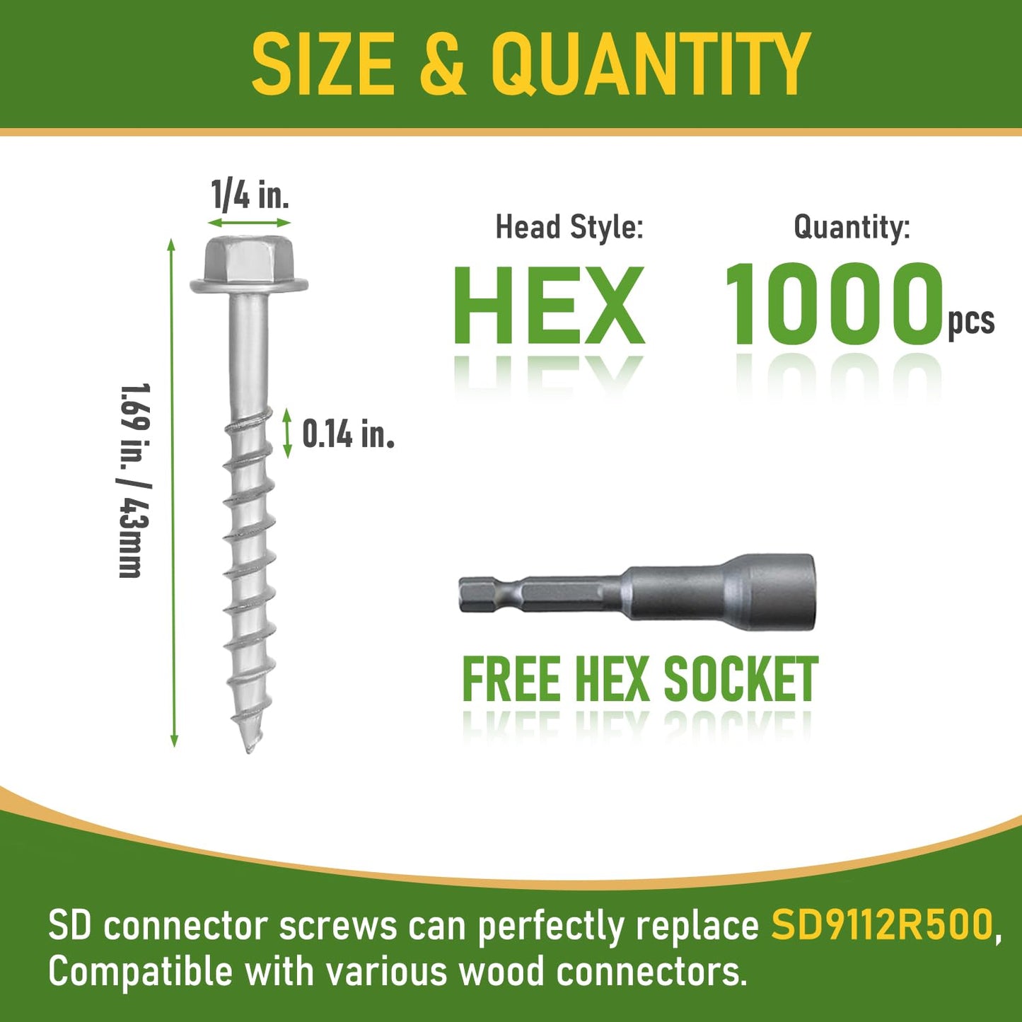 1000 pcs Connector Screws #9 x 1-1/2", Replace 9112R500 and 10D Nail, 1/4" Hex Drive Heavy-Duty Joist Hanger Screws for Decking,Framing Connections,1500 Hours Salt Spray Test, Mechanical Galvanized