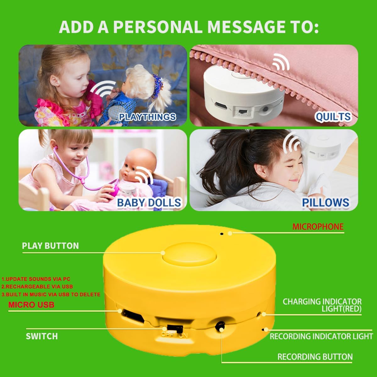 JRGKJCP 16 Minutes Voice Recorder, Record Custom Message for Crafts, Stuffed Bear, Baby Doll, and Pillow (Yellow)