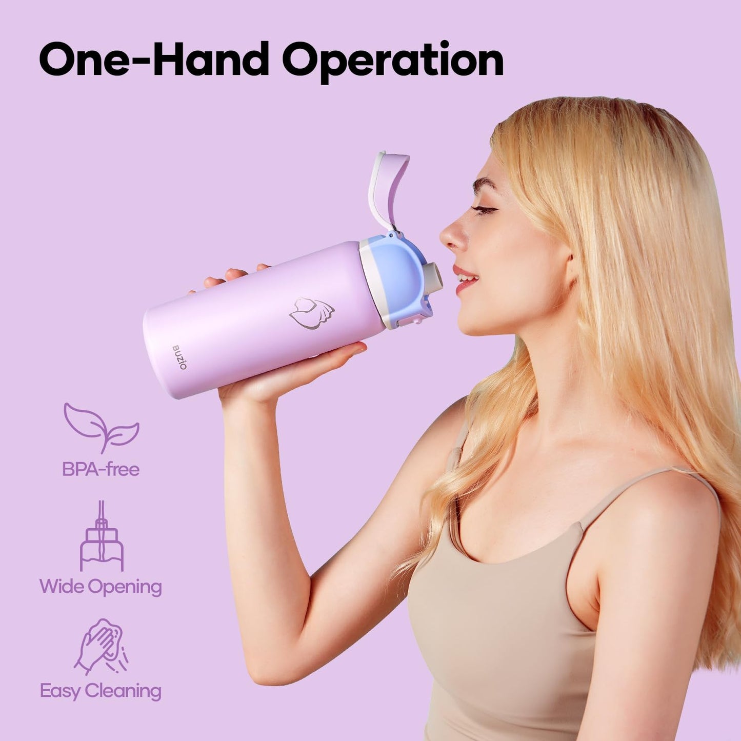 BUZIO 32 oz Insulated Water Bottle - Stainless Steel with Chug Cap, Leakproof Locking Lid, Carry Loop, Wide Mouth, Dishwasher Safe, Gym Sports Travel Work Outdoors, Gifts for Women & Men, Light Purple