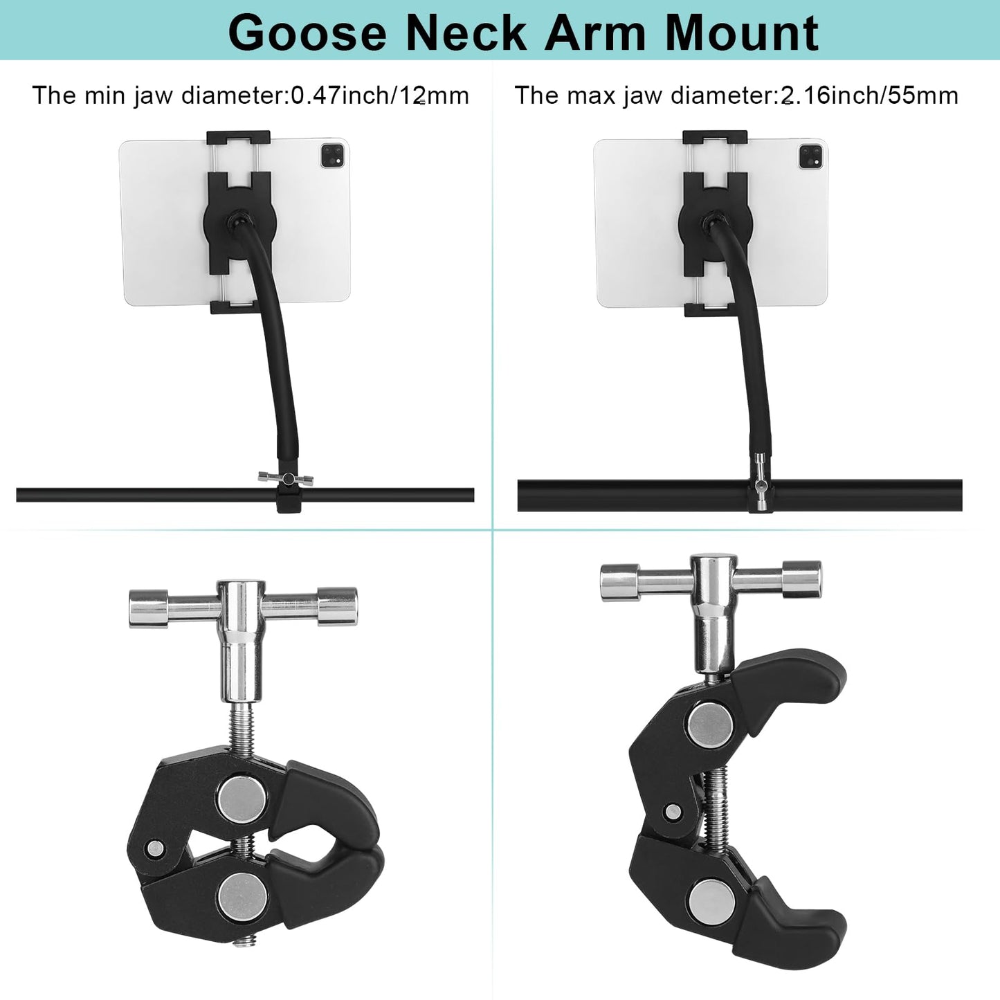 Mippko Tablet Holder for Treadmill/Elliptical/Spin Bike/Peloton/Indoor Cycle,Gooseneck Arm Super Crab Clamp Mount Compitable with 4.7~12.9" iPad/Nexus/LG G Pads/e-Reader/Switch/iPhone