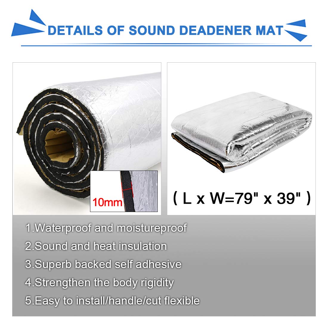 uxcell 394mil 10mm 21.5sqft Sound Deadening Mat Aluminum Foil Foam Car Fender Engine Heat Sound Deadener Insulation Mat 79" x 40" for Cars