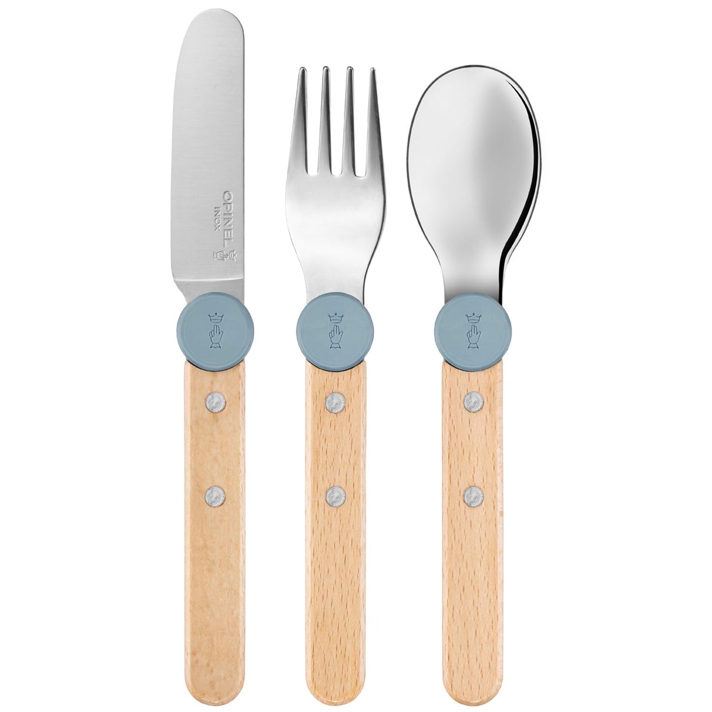 Opinel Le Petit Gourmet – 3 Piece Children’s Cutlery Set, Rounded Dull Knife, Spoon, Fork, Supports Independence at Every Meal, Montessori Tools Made in France (Rain Blue)