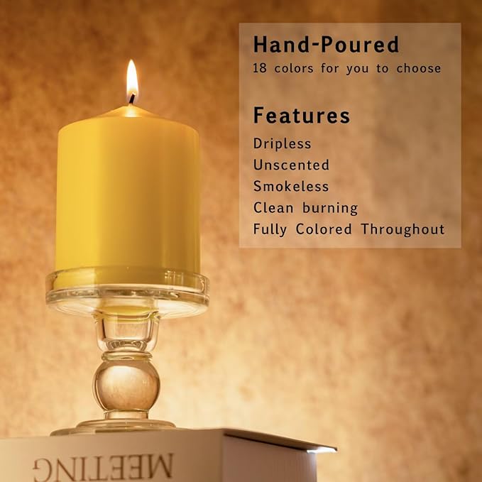 MOZEAL 3" x 8" Hand-Poured Unscented Candles,Large Yellow Pillar Candles Set of 2,No Drip,Approx 120 Hours Long Burning,Wedding,Dinner,Christmas and Home Decor（3 Inch Diameter 8 Inch Height）