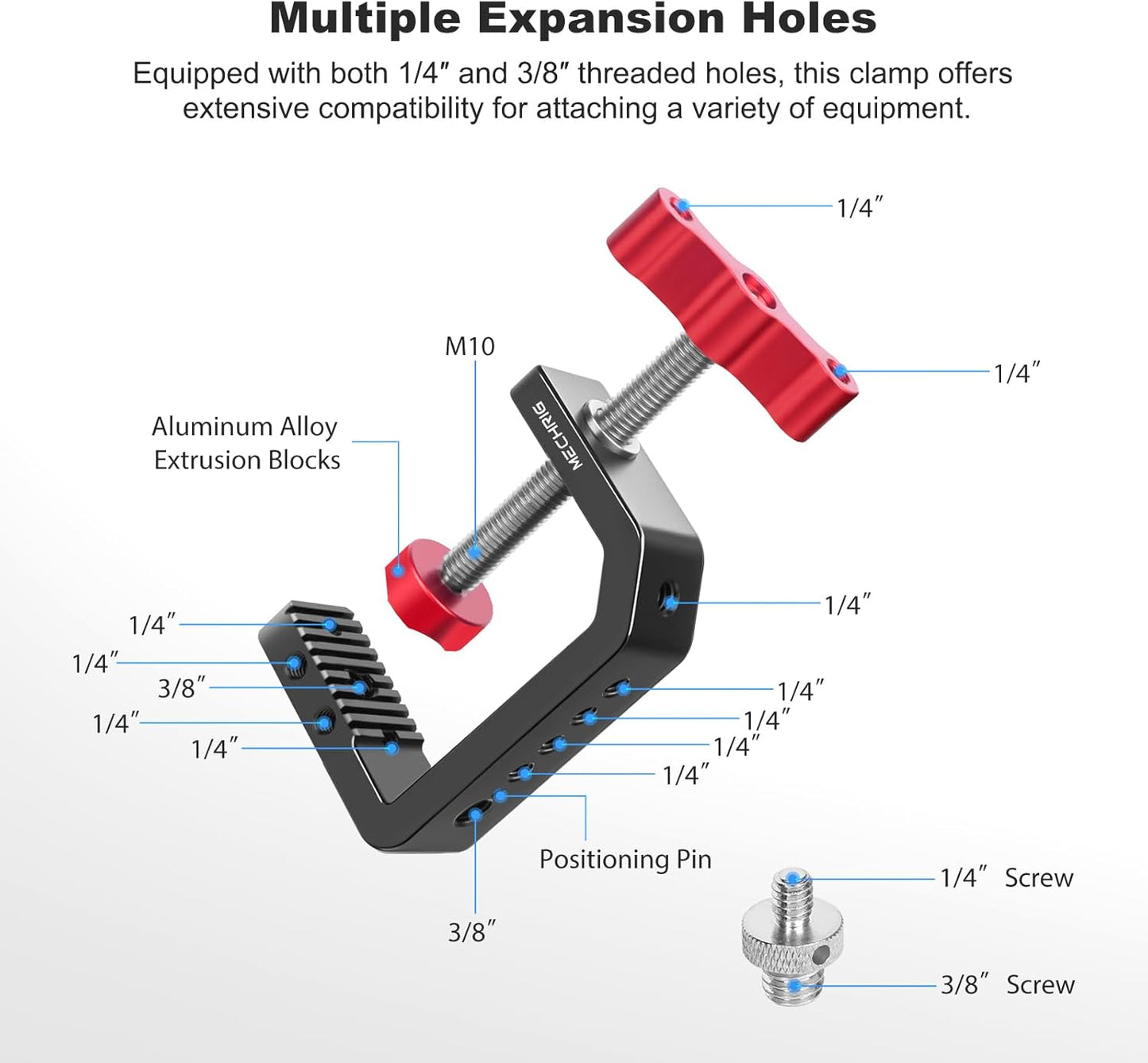 1/4" 3/8" 2.36" (62021) C Clamp Desk Camera Mount, Aluminum Table C-clamp with Thread, Desktop DSLR Mount for Photo