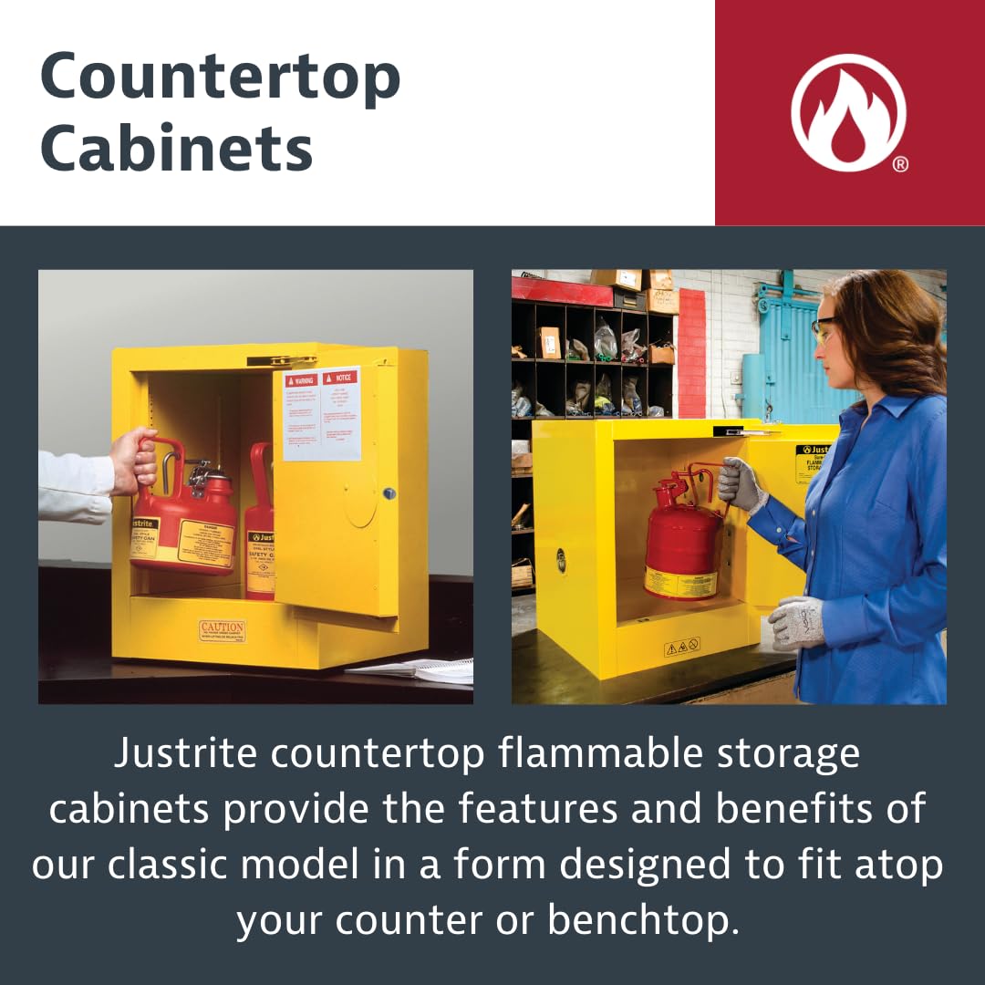 Justrite 4 Gallon Manual Close Countertop Flammable Storage Cabinet, 18 Gauge Steel, 1 Shelf, 1 Door Fire Cabinet, 22" x 17" x 17", Made in The USA, Yellow, 890400