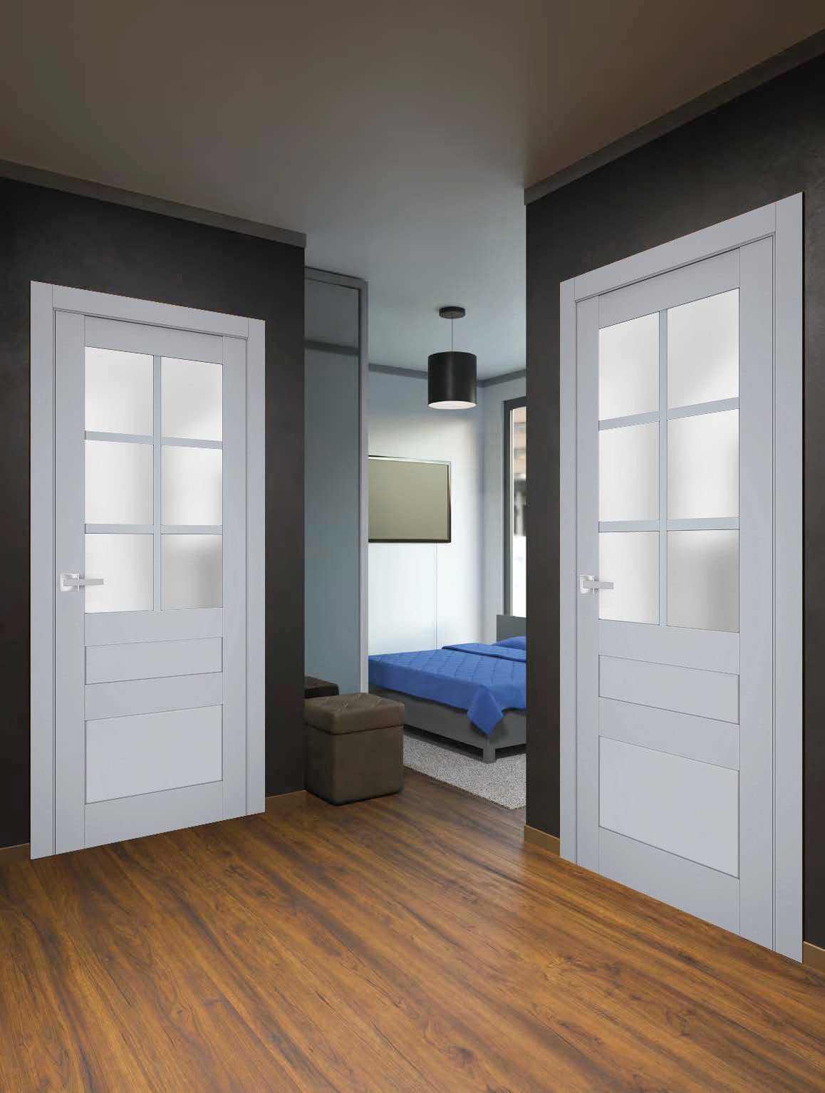 Sartodoors VEREGIO 7339 | 36 x 80 | Matte Grey Interior Single Swing Door with Frosted Glass | Solid Wood Door in Classic French Style | Hardware Included