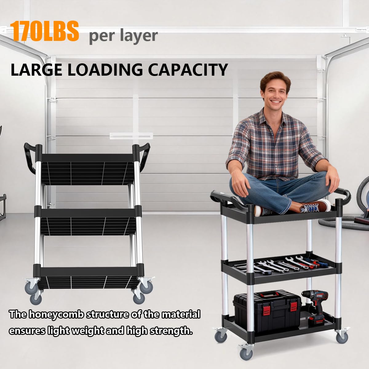 17Tek 3-Tier Rolling Utility Cart with Wheels,4 Lockable Casters, Plastic Service Cart with 510lbs Capacity, Commercial Service Cart on Wheels for Restaurant/Office/Warehouse/Kitchen/School, Black