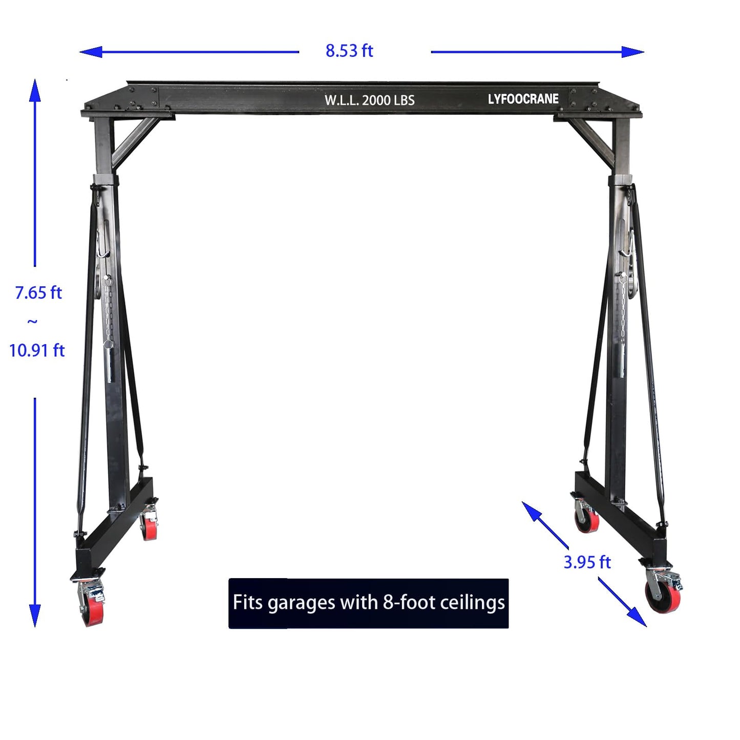 Gantry Crane 2000 lbs, Height Adjustable 7.65~10.91 ft, Economy Garage Overhead Crane 1 Ton with Manual Trolley, 328 ft Polyester Straps, Shackles, and Lifting Slings (2000 lbs)