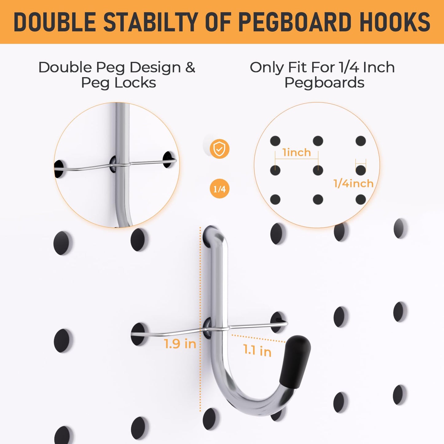INCLY 1/4" Pegboard J Hooks, 100PCS Heavy Duty Peg Board Hooks Accessories with Peg Locks & Rubber Tipped, Peg Board Tool Hangers Fit 1/4" Pegboard for Wall Hanging Tools or Display Jewelry