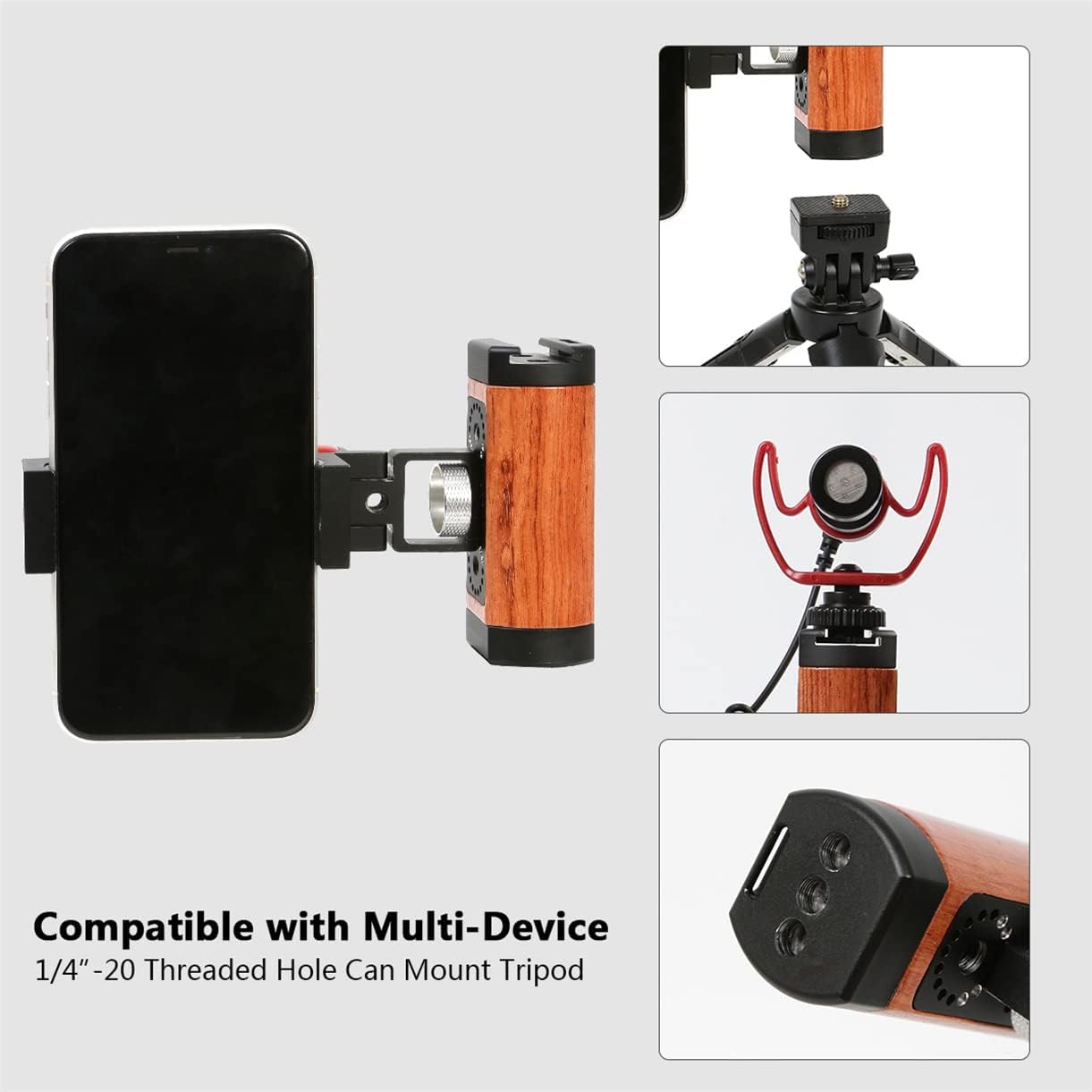 Amykite 1/4 Foldable Smartphone Grip Mount with Wrist Strap, Compatible with Standard Screw Selfie Stick for Tripod
