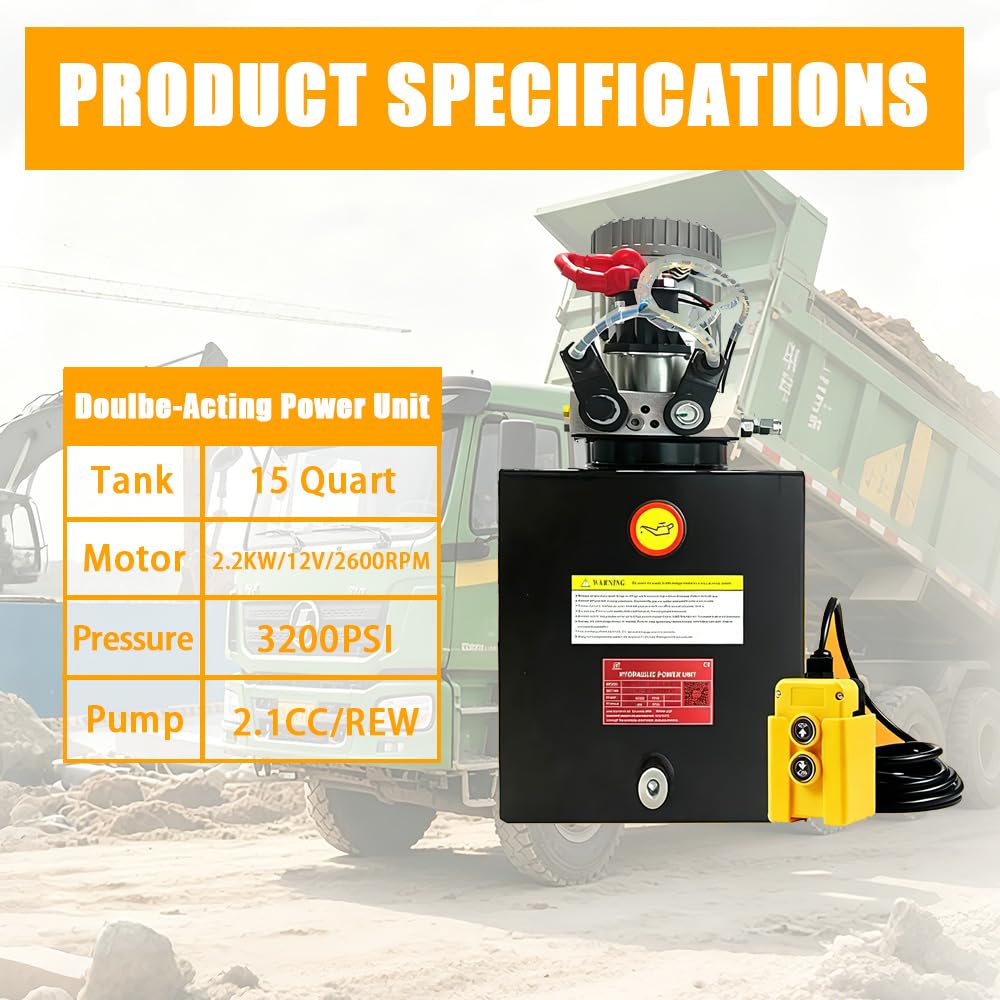 ParnicoTech 15 Quart Hydraulic Power Unit, Double Acting Dump Trailer Pump 12V DC, 3200 PSI Max Relief Pressure, Power Unit Metal Reservoir for Dump Trailer Car Lifting, SAE # 6 Port, Steel