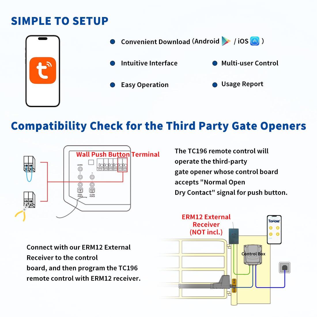 TOPENS TC196 Tuya WiFi Remote Control for Automatic Swing Sliding Gate Opener Garage Door Opener with iOS and Android App WiFi & Bluetooth Security Gate Controller