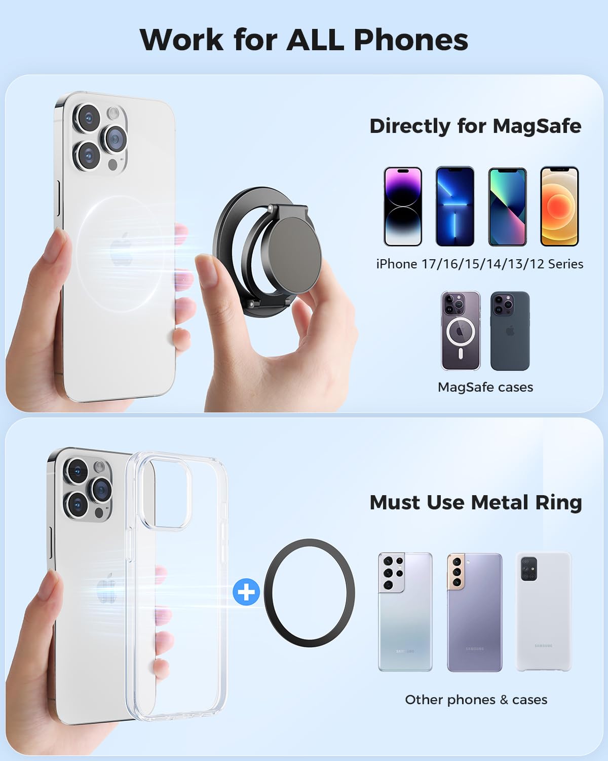 SUPERONE Magnetic Ring Holder for MagSafe Dual-Side Magnetics, Removable Gym Phone Grip with Kickstand for iPhone 17/16/15/14/13/12/ Series MagSafe Case All Phones Compatible with Magnetic Car Mount