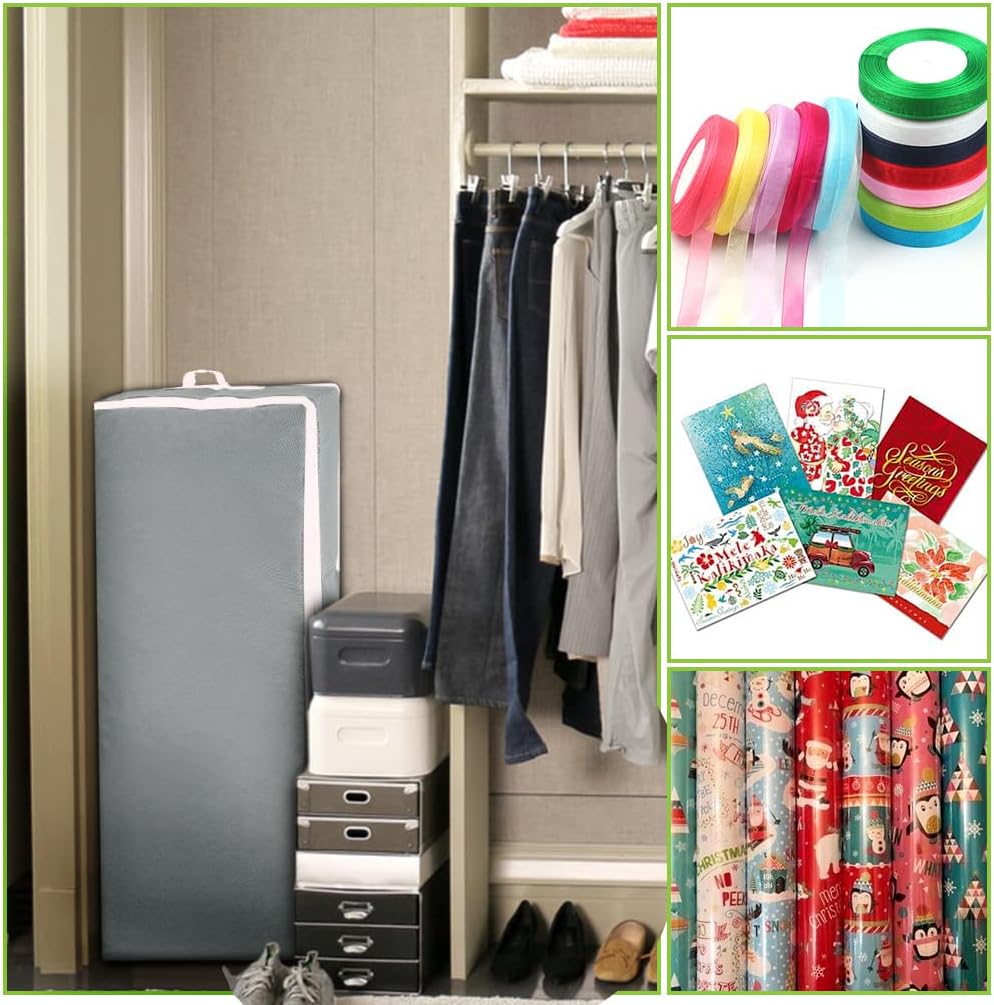 Primode Wrapping Paper Storage Container - Gift Wrap Organizer Under Bed | Holds 18-24 Rolls Up to 40” | Durable 600D Oxford Material | Pockets for Ribbons & Bows (Grey)