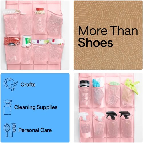 GORILLA GRIP Over The Door Shoe Organizer - 24 Large Breathable Mesh Pockets | Space-Saving Pink Storage Solution