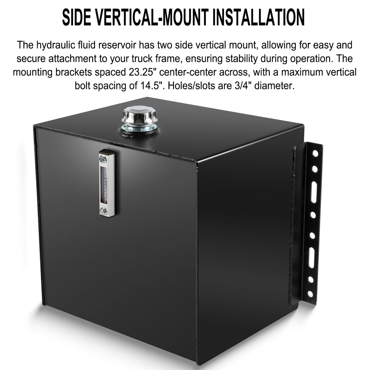 25-Gallon Hydraulic Fluid Reservoir Oil Tank For Tractors, Trucks & Log Splitters, Built-in Sight Gauge/Temp Gauge Combo, 2" Wide Fill Port, Heavy Duty Steel Construction, Side Vertical-Mount