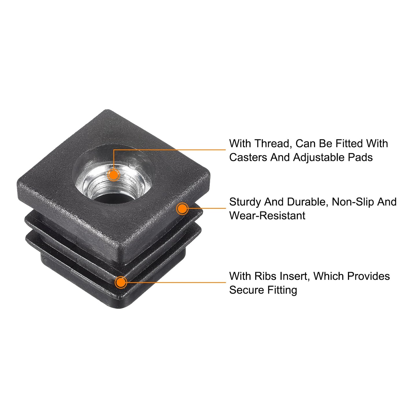 uxcell 4Pcs Inserts for Tubes with M8 Thread, for 0.79"x0.79" OD Square Tube, Square Black Plastic Plug Caster Insert Chair End Caps Furniture Leg Plug