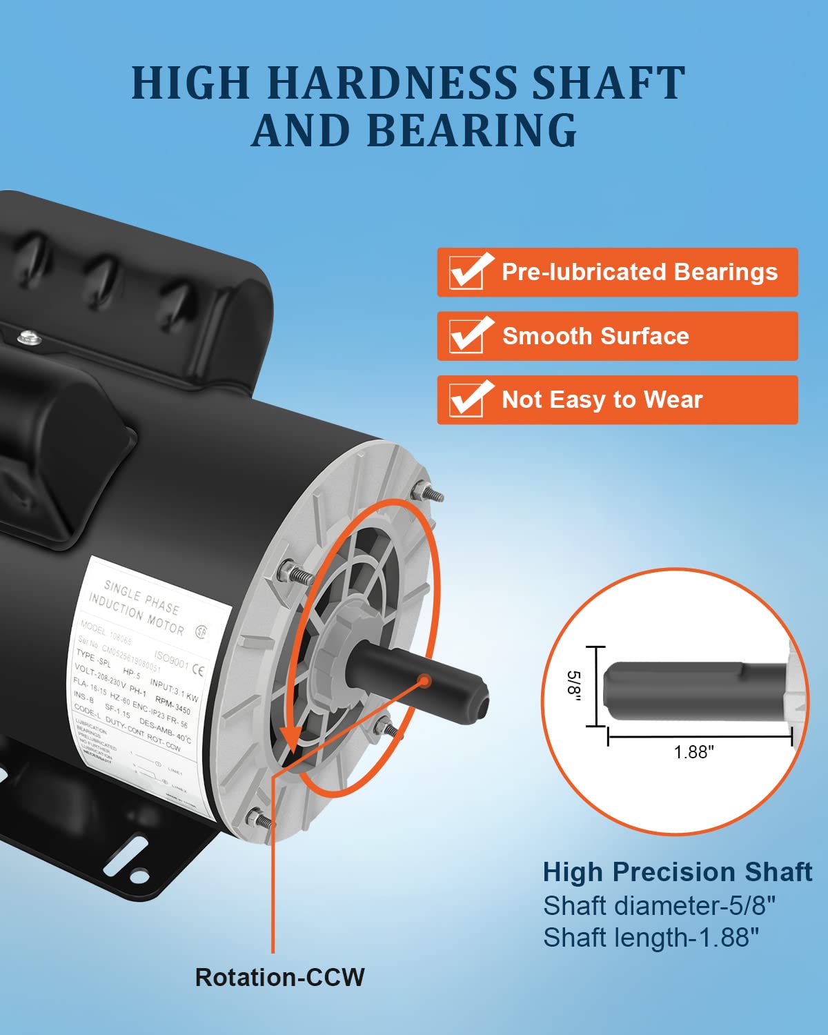 5HP SPL Air Compressor Motor 3450 RPM Single Phase, 56Frame, 208V-230V, 5/8" Shaft Diameter Rolled Steel Shell 60HZ