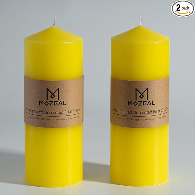 MOZEAL 3" x 8" Hand-Poured Unscented Candles,Large Yellow Pillar Candles Set of 2,No Drip,Approx 120 Hours Long Burning,Wedding,Dinner,Christmas and Home Decor（3 Inch Diameter 8 Inch Height）