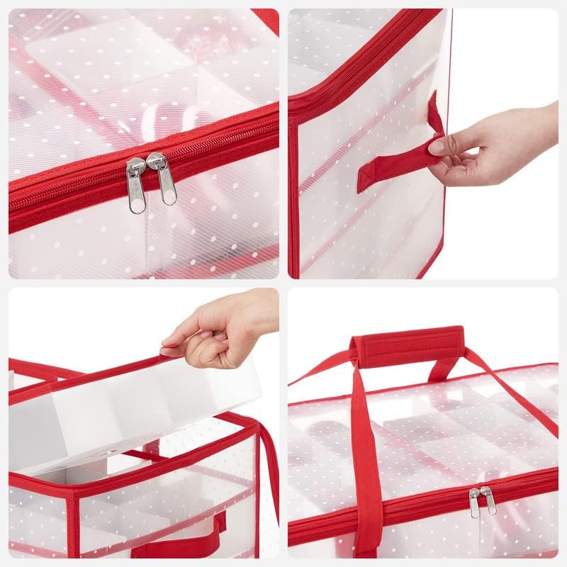 SONGMICS Christmas Ornament Storage Box - 128 Slots for 3-Inch Balls | Durable Plastic with Dual Zippers, Cherry Red